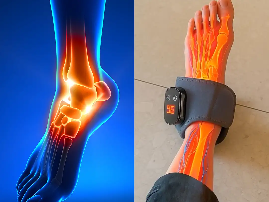 Person using an EMS foot massager pad at home