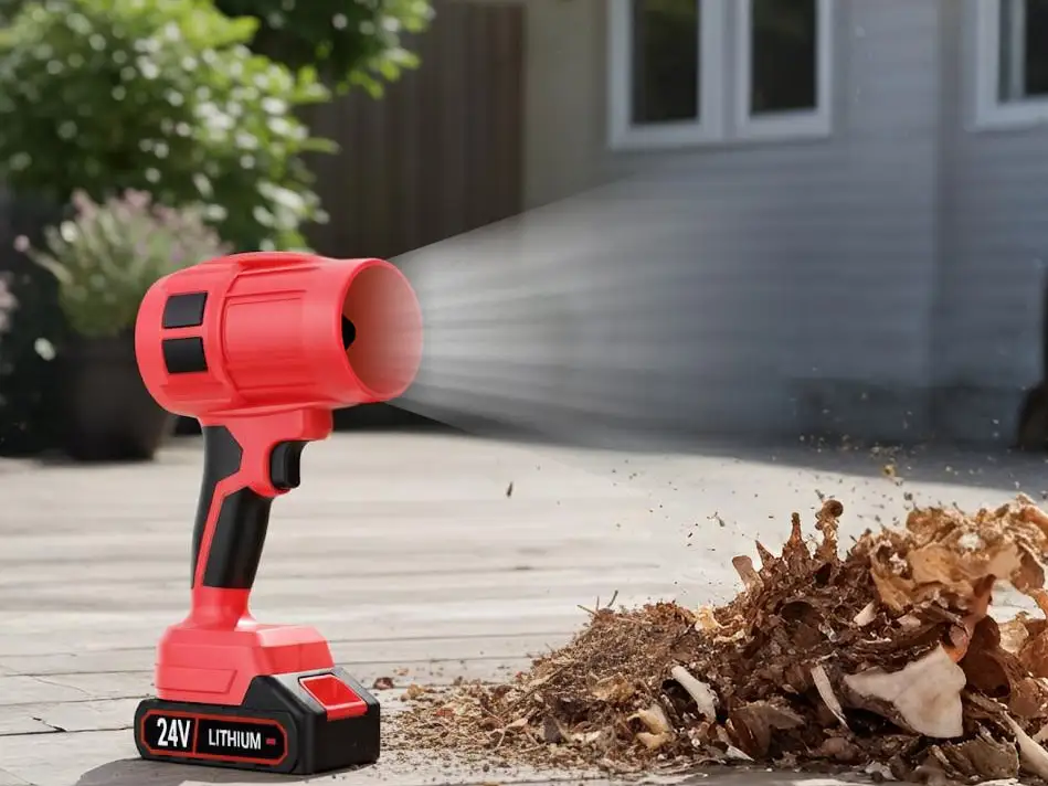 Cordless leaf blower clearing leaves in a backyard
